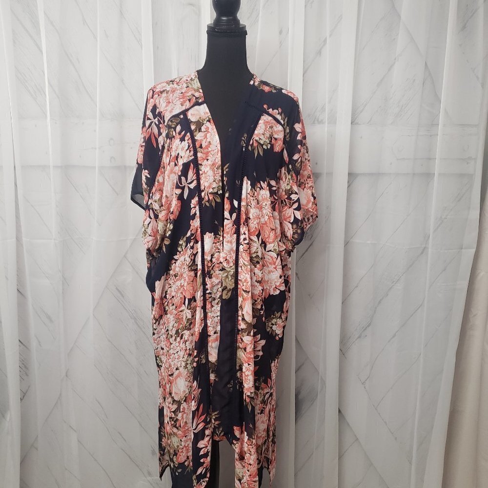 Xhiliration Navy Pink Floral Kimono Swim Cover Robe Duster Boho M/L